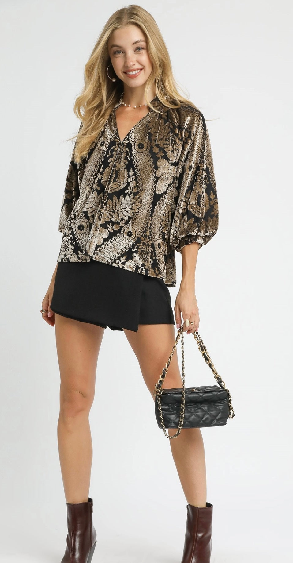 Damask Print Velvet Split Neck Top- Umgee brand