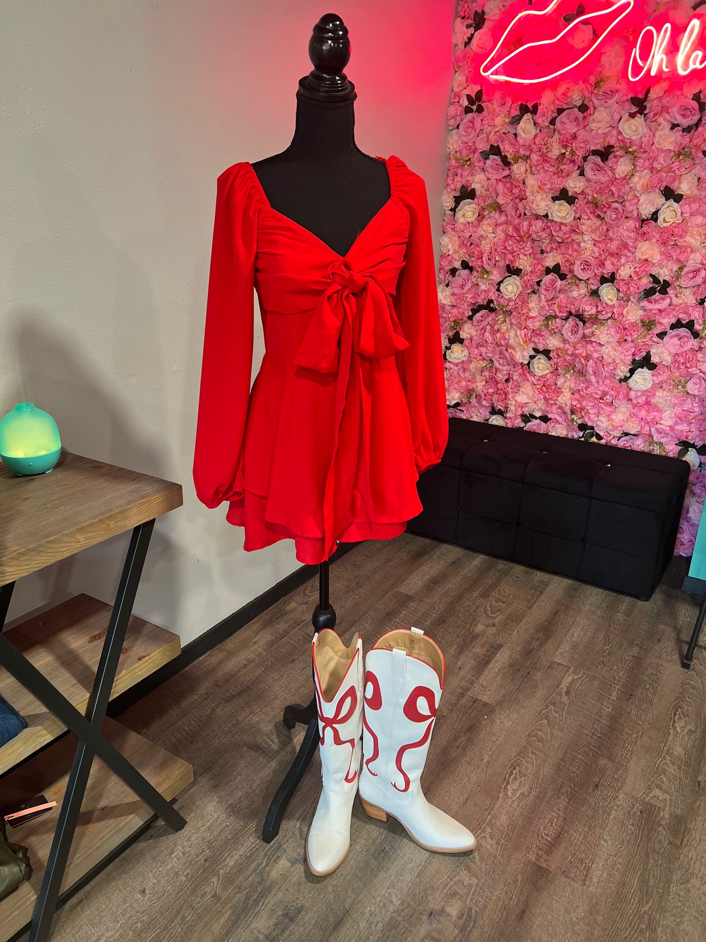 White western leather boots with red bow detail