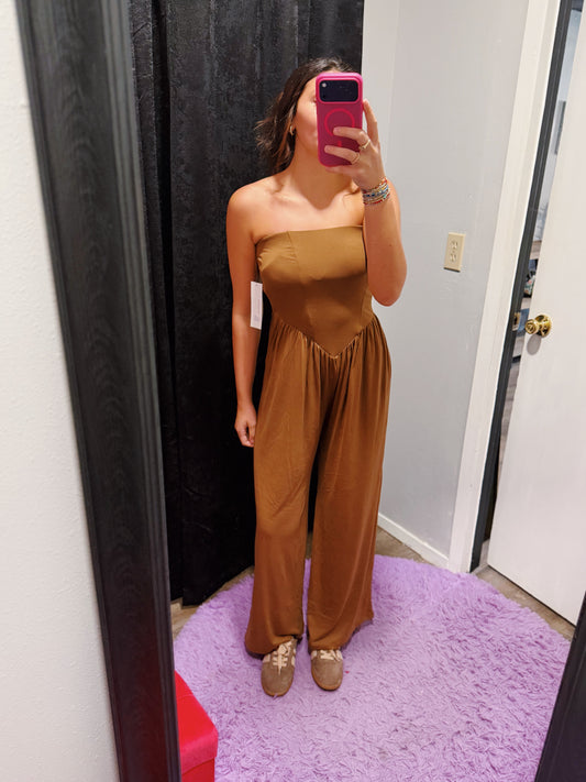 Brown Strapless Pant Romper