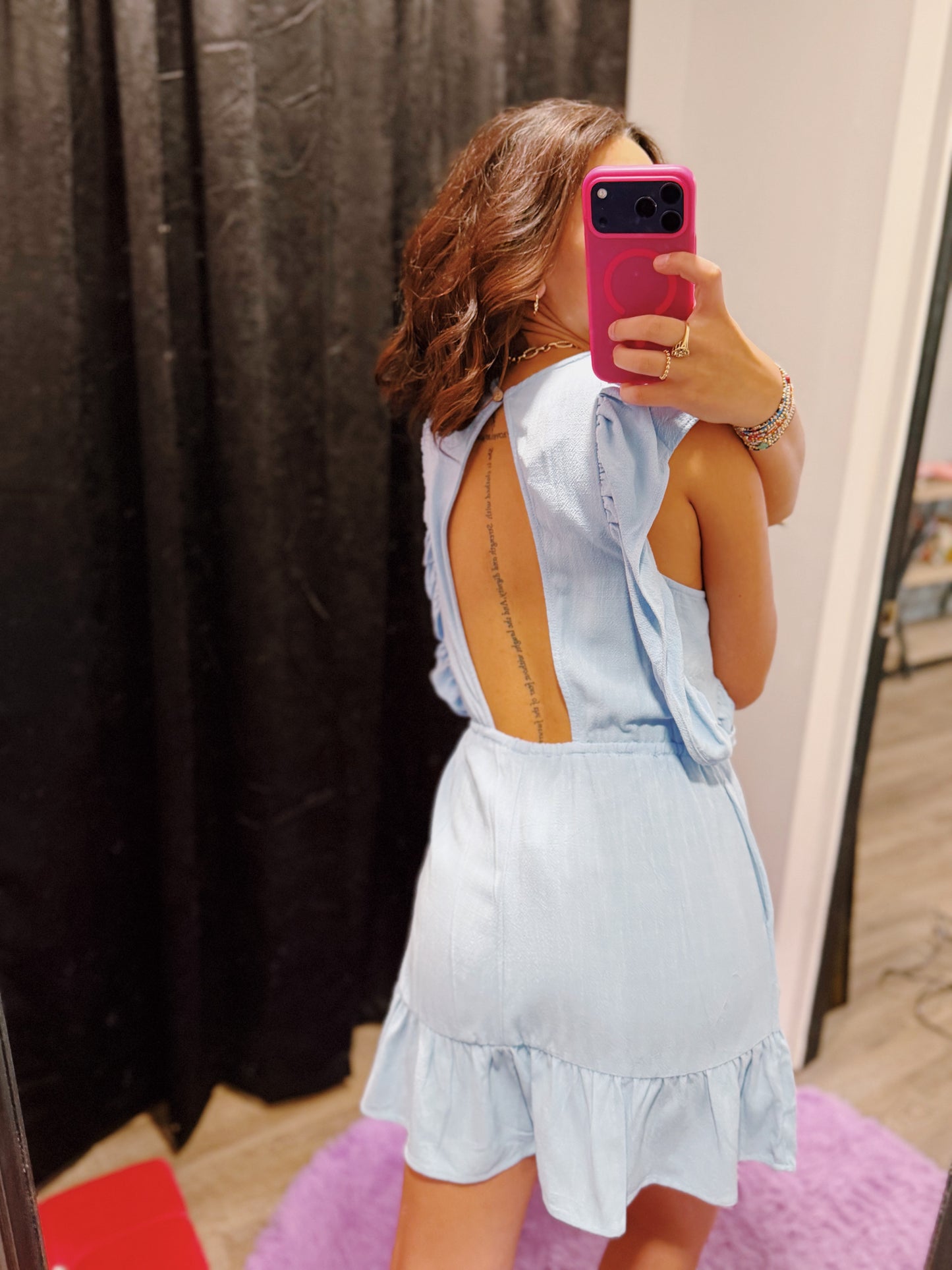 Blue Ruffle Sleeve Romper with Back Cut Out