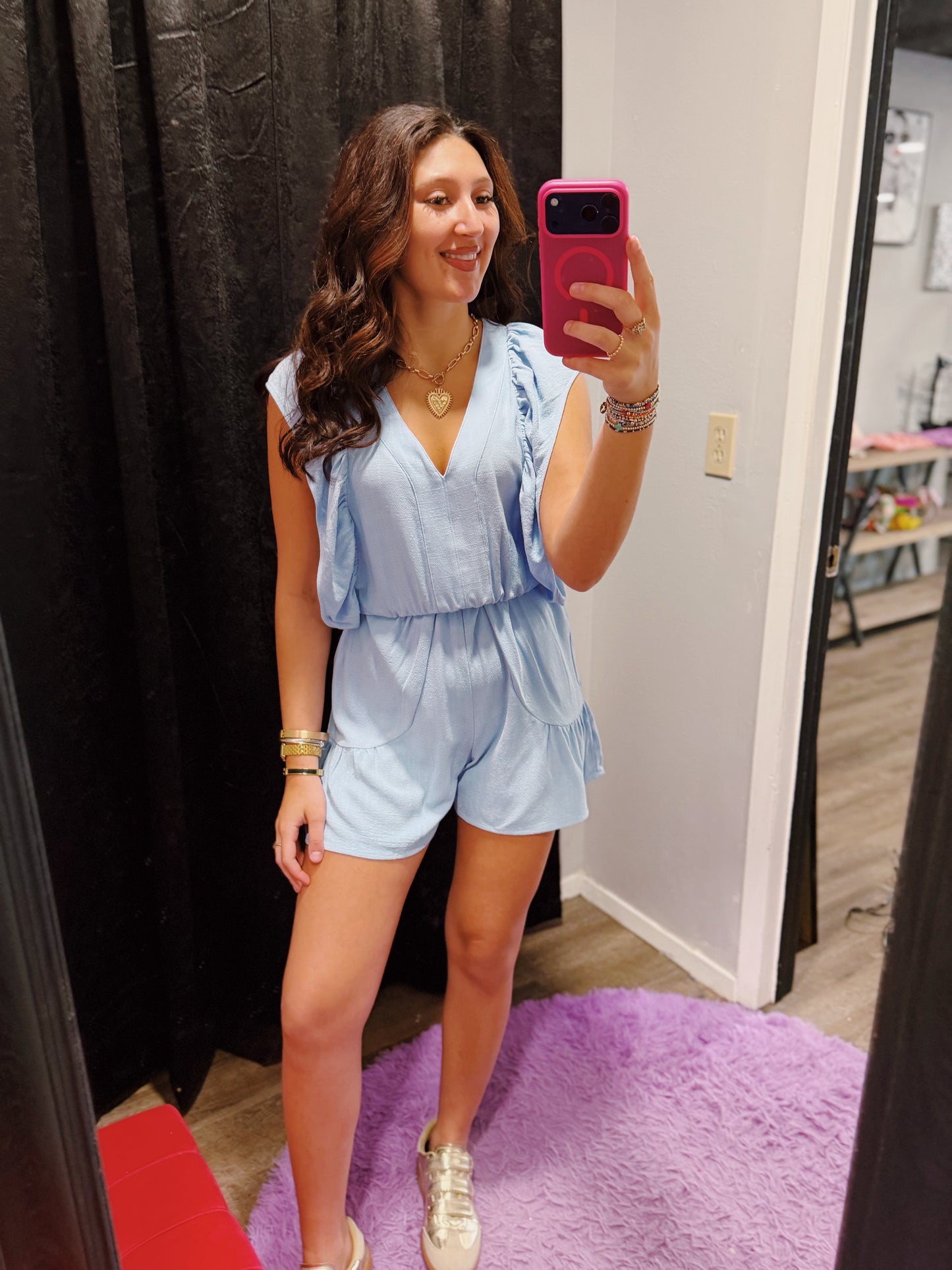 Blue Ruffle Sleeve Romper with Back Cut Out