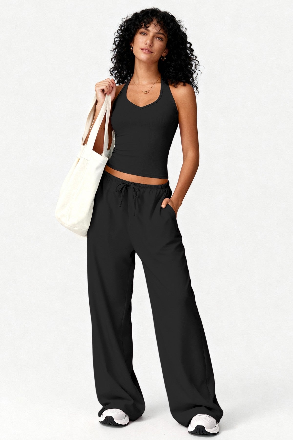 2pc Tank W/bra & Wide-leg Pants Lounge Set