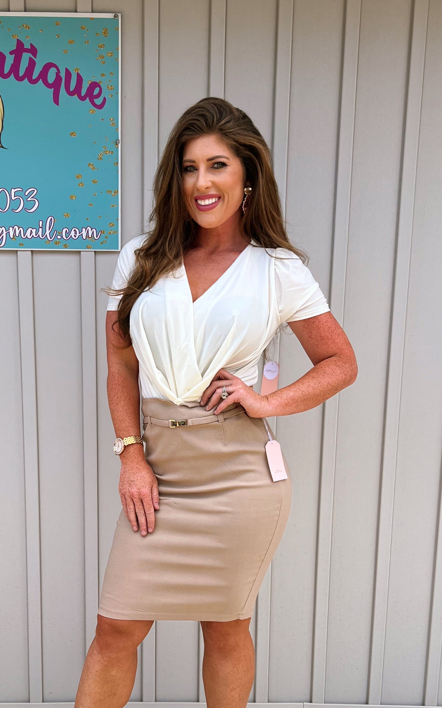 “Taking care of business” khaki pencil skirt