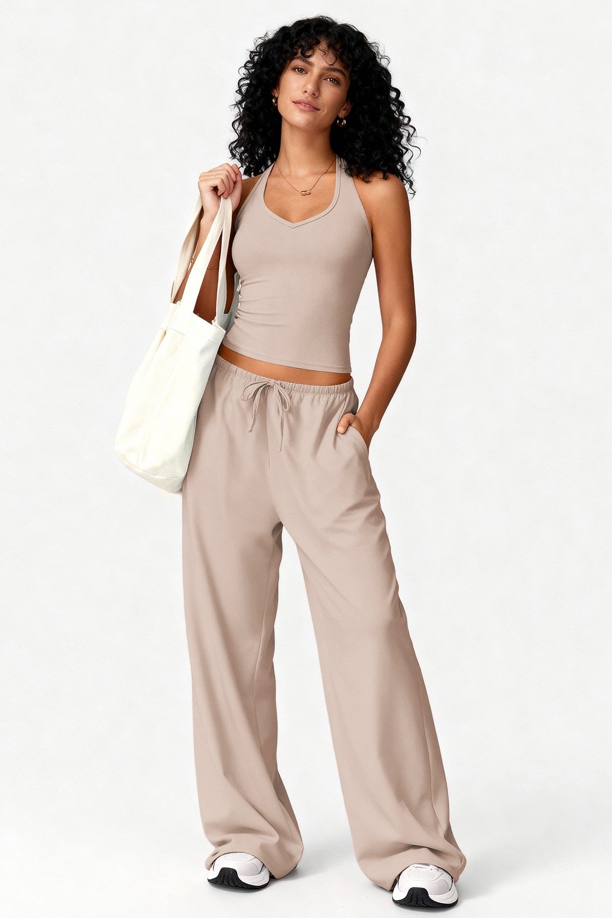 2pc Tank W/bra & Wide-leg Pants Lounge Set